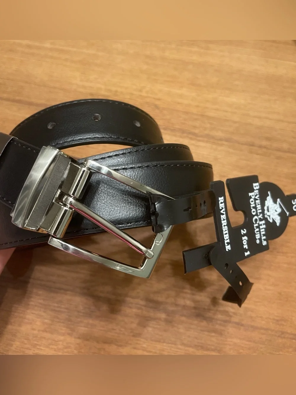 Beverly Hills Polo Club Men's Reversible Black Leather Belt with Silver Buckle